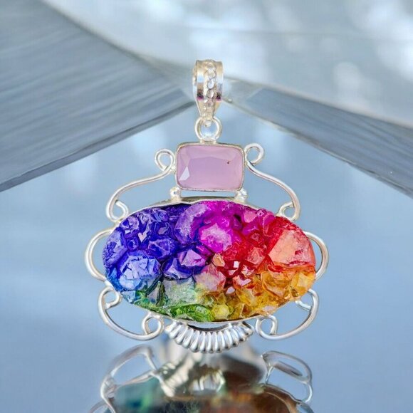 Rainbow Garnet ✦ Rose Quartz Pendant ✦ Sterling Silver Gem Cluster NWT - Picture 9 of 10